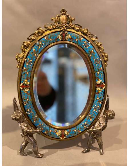 Charming Mirror With Cloisonne Enamel And Silvered Bronze Putti - mirrors-Bozaart