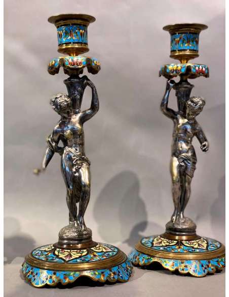 Pair Of Cloisonne Enamel And Bronze Candle Holders - Candle Holders - Torches-Bozaart