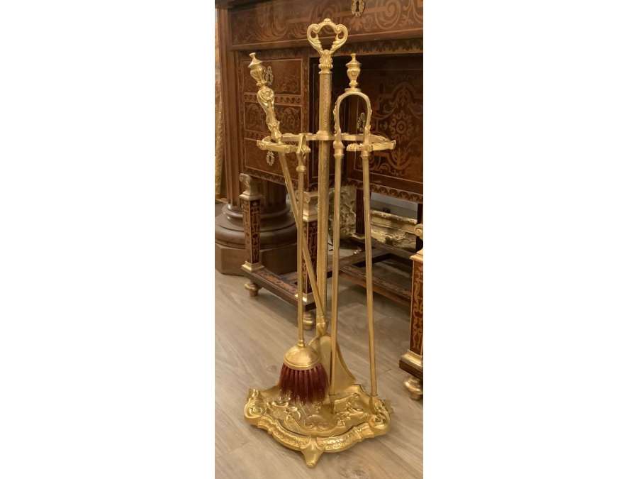 Louis XV Louis XVI Style Gilded Bronze Fireplace Set - chenets, fireplace accessories