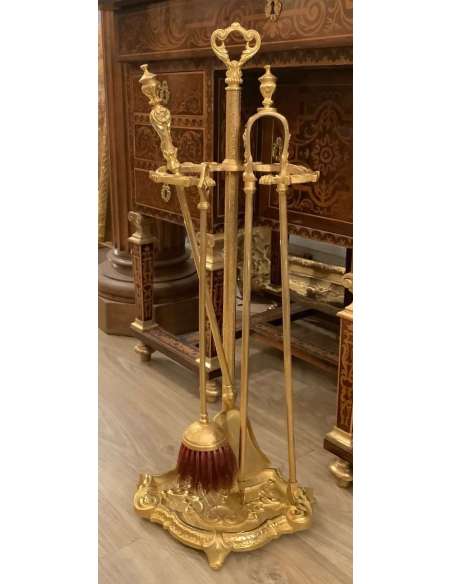 Louis XV Louis XVI Style Gilded Bronze Fireplace Set - chenets, fireplace accessories-Bozaart