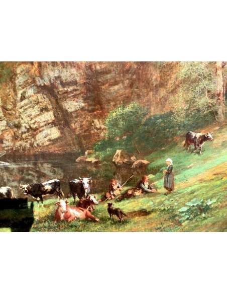 Tableau Par Paul Albert Girard (1839-1920) Paysage Animé En Bord De Rivière . - Tableaux paysages-Bozaart