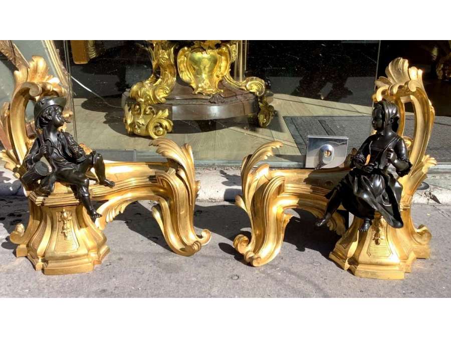 Pair Of 19th Century Golden Bronze Louis XV Style Chenets - chenets, fireplace accessories