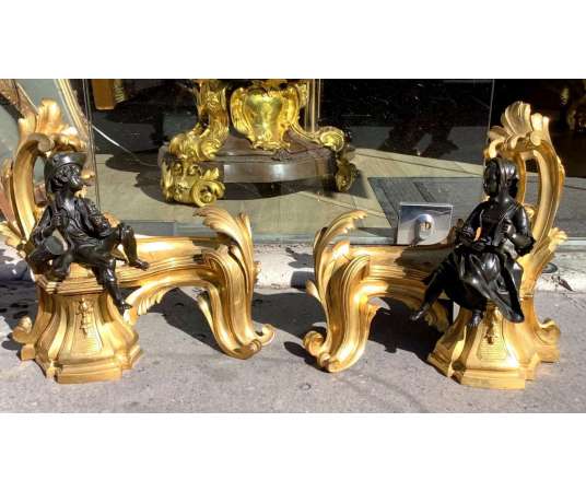 Pair Of 19th Century Golden Bronze Louis XV Style Chenets - chenets, fireplace accessories