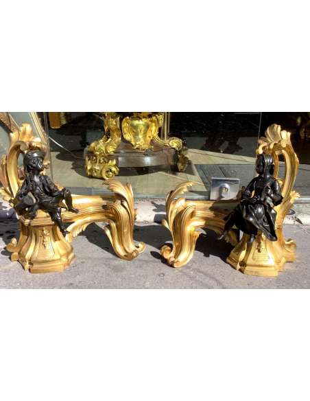 Pair Of 19th Century Golden Bronze Louis XV Style Chenets - chenets, fireplace accessories-Bozaart