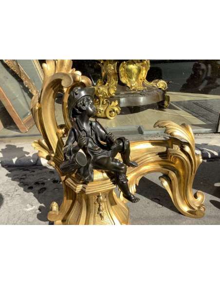 Pair Of 19th Century Golden Bronze Louis XV Style Chenets - chenets, fireplace accessories-Bozaart
