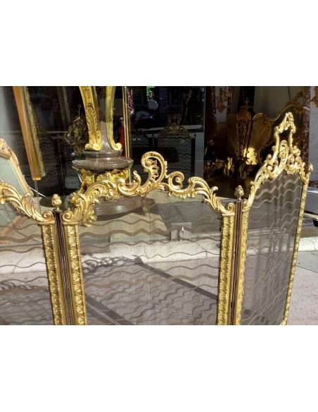 Pare Feu Quatre Feuilles En Bronze Doré 19 Eme Siècle Style Louis XV - chenets, accessoires de cheminée-Bozaart