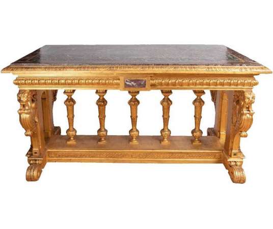 Renaissance Style Table In Gilded Wood And Marble, XIXth Century - LS26383501 - Tables
