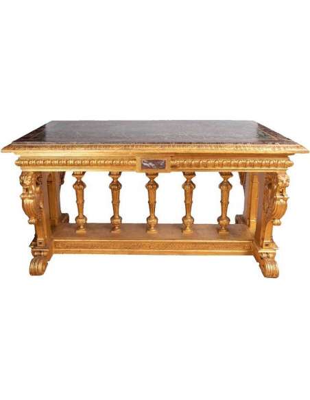 Table De Style Renaissance En Bois Doré Et Marbre, XIXème Siècle - LS26383501 - Tables-Bozaart