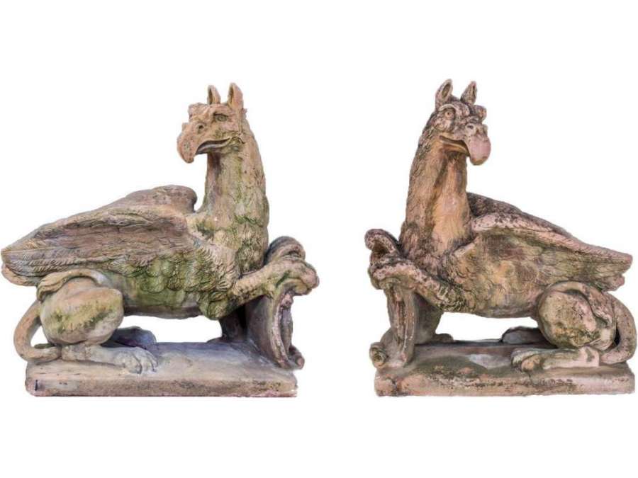 Pair Of Large Terracotta-style Stone Griffins, Circa 1940 - LS37651951 - marble and stone sculptures