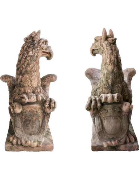 Pair Of Large Terracotta-style Stone Griffins, Circa 1940 - LS37651951 - marble and stone sculptures-Bozaart