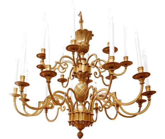 Maison Delisle, Large Gilded Bronze Chandelier With Stylized Egg Decoration, 1970s - LS31782801 - chandeliers
