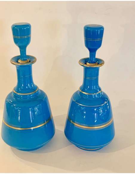 Pair Of Flag Blue Opaline Flasks - Opalines, enameled glasses-Bozaart