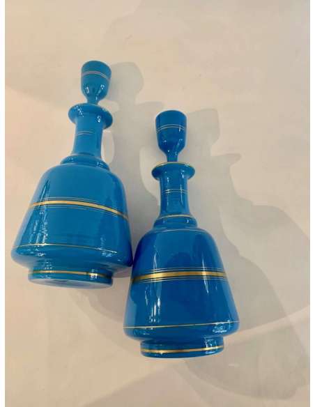 Pair Of Flag Blue Opaline Flasks - Opalines, enameled glasses-Bozaart