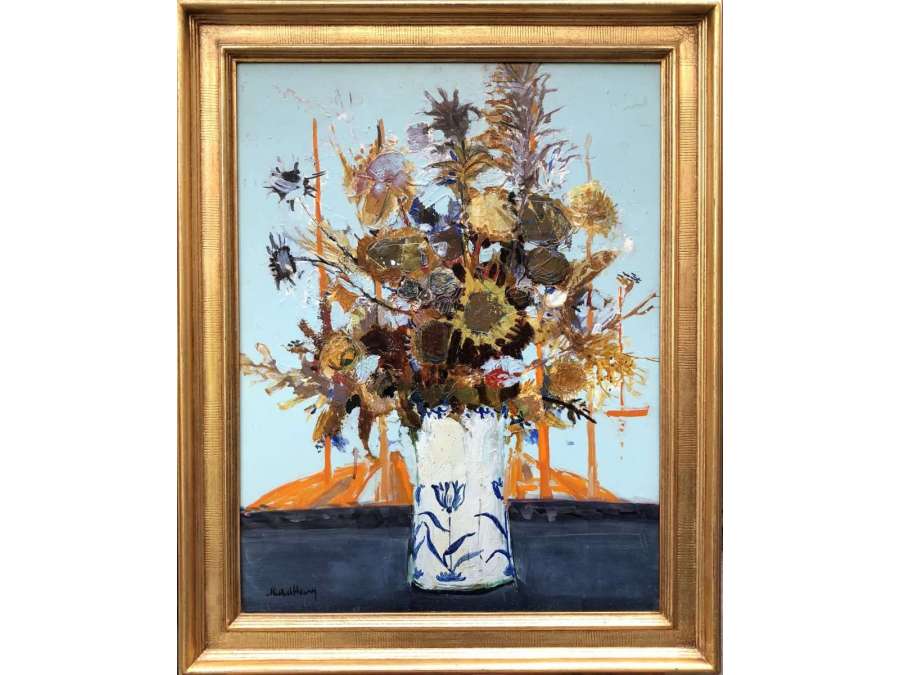 Michel Henry Peinture 20è Bouquet De Chardons d'Espagne 1959 Huile Sur Toile Signée - Tableaux natures mortes