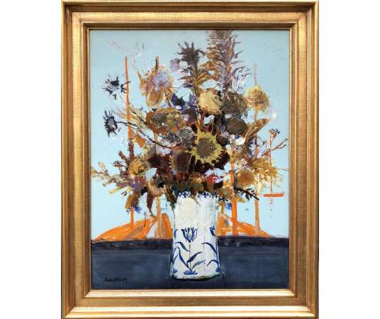 Michel Henry Painting 20th Bouquet Of Thistles From Spain 1959 Oil On Canvas Signed - Still life Paintings