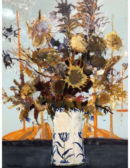 Michel Henry Peinture 20è Bouquet De Chardons d'Espagne 1959 Huile Sur Toile Signée - Tableaux natures mortes-Bozaart