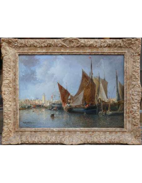 Noel Jules Tableau Français Ancien 19è Port En Normandie Huile Sur Toile Signée Et Datée - Tableaux marine-Bozaart