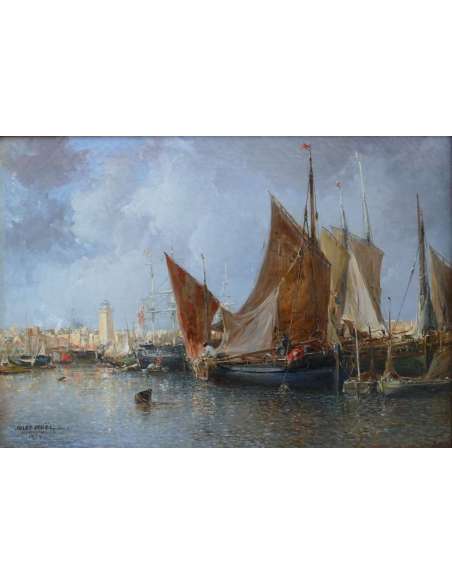 Noel Jules Old French Painting 19th Port In Normandy Oil On Canvas Signed And Dated - Marine Paintings Noel Jules Old French Painting 19th Port In Normandy Oil On Canvas Signed And Dated - Marine Paintings-Bozaart