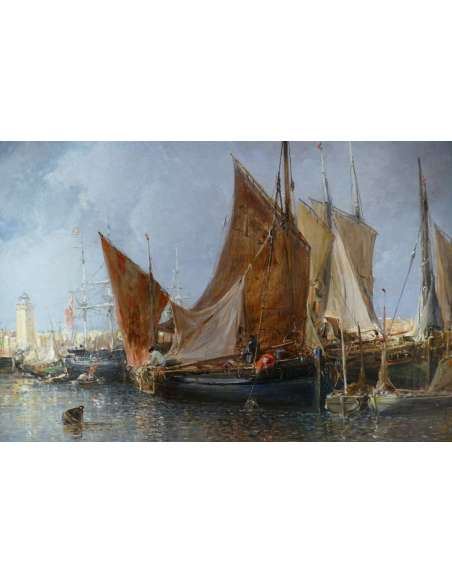 Noel Jules Old French Painting 19th Port In Normandy Oil On Canvas Signed And Dated - Marine Paintings-Bozaart