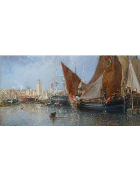 Noel Jules Old French Painting 19th Port In Normandy Oil On Canvas Signed And Dated - Marine Paintings-Bozaart