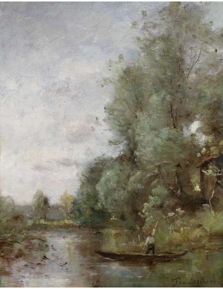 Trouillebert Paul Desire Painting 19th Barbizon School Fisherman In His Boat Oil Signed Canvas - Landscape Paintings-Bozaart