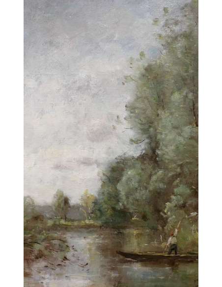 Trouillebert Paul Desire Painting 19th Barbizon School Fisherman In His Boat Oil Signed Canvas - Landscape Paintings-Bozaart