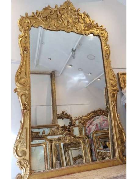 Very large and wide Louis XV style fireplace mirror in gilded wood gold leaf 148*230cm - fireplace mirrors-Bozaart