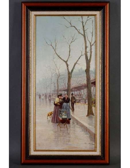 "The bird market in Paris". oil on canvas by POL NOËL - Paintings genre scenes-Bozaart