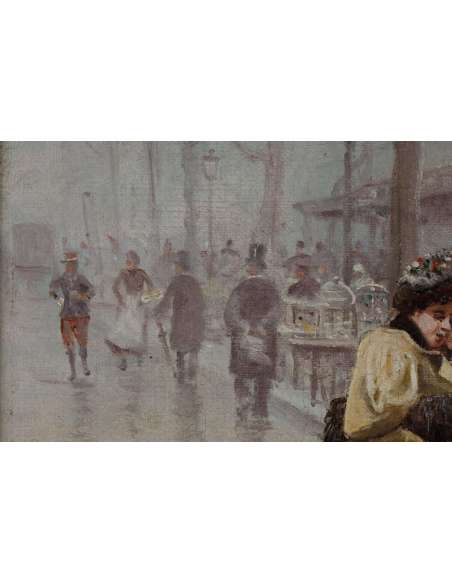 "The bird market in Paris". oil on canvas by POL NOËL - Paintings genre scenes-Bozaart