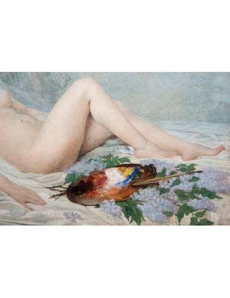 Adolf La Lyre - "naked Model with A Palette Knife" Oil On Canvas 19th Century - Paintings of another kind-Bozaart