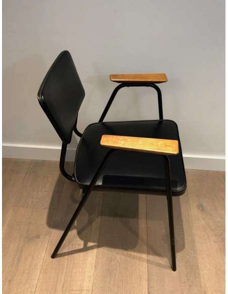 Pair Of Lacquered Metal And Black Skai Armchairs With Wooden Armrests And Willy Van De Meeren - Design Seats-Bozaart