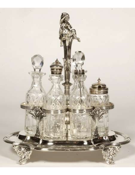 Solid silver condiment tray & crystal bottles XIXth century - Goldsmith ODIOT --Bozaart