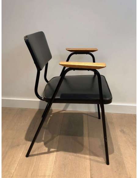 Pair Of Lacquered Metal And Black Skai Armchairs With Wooden Armrests And Willy Van De Meeren - Design Seats-Bozaart