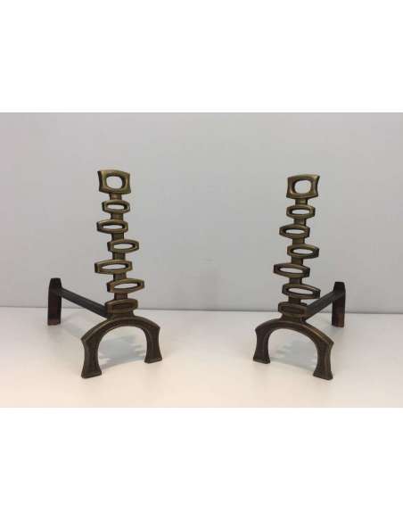 Pair of brass andirons. Contemporary work, Year 70-Bozaart