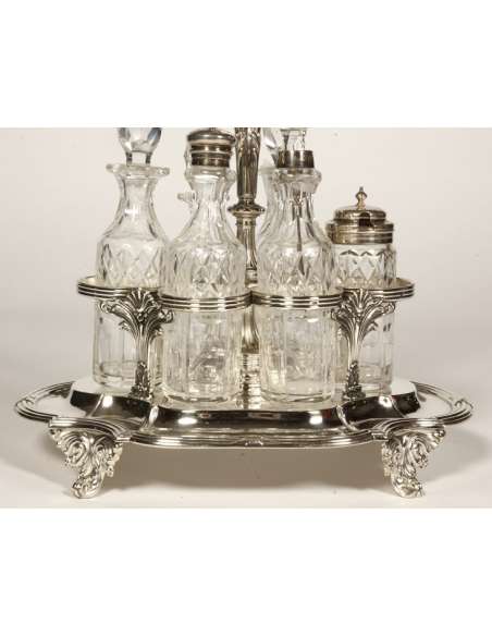 Solid silver condiment tray & crystal bottles XIXth century - Goldsmith ODIOT --Bozaart
