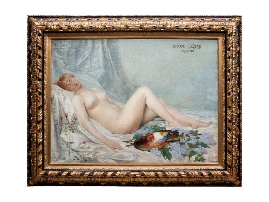 Nude model with a palette in oil on canvas+ Adolf La Lyre 19th century