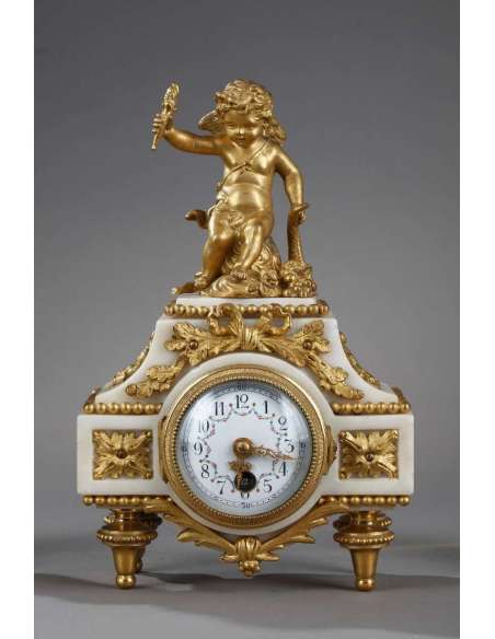 Small Louis XVI Clock, Carrara Marble And Gilded Bronze - antique Clocks-Bozaart