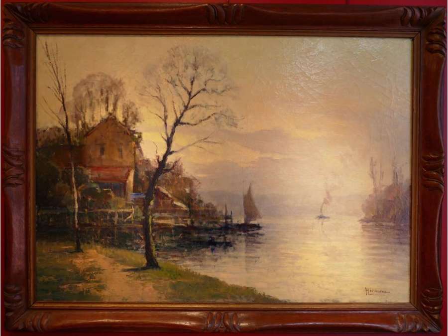 Henocque Narcisse Painting 20th School Of Rouen Oil On Canvas Signed The Banks Of The Seine