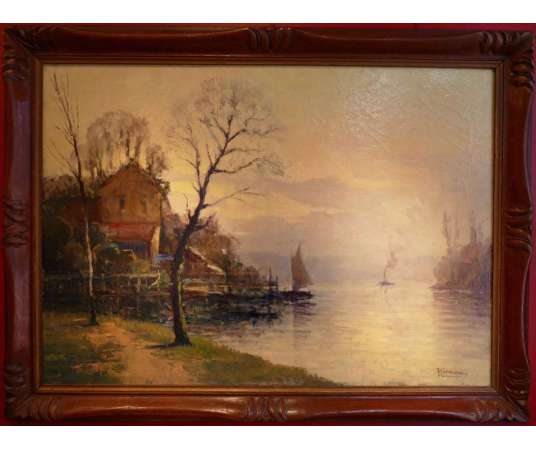 Henocque Narcisse Painting 20th School Of Rouen Oil On Canvas Signed The Banks Of The Seine - Landscape Paintings