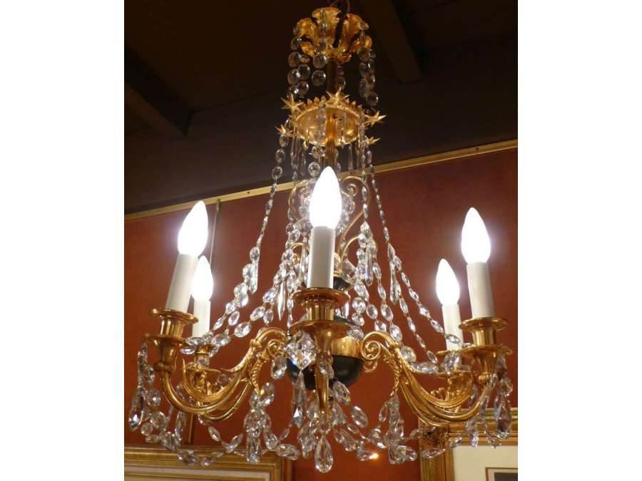 Gilded Bronze And Patinated Bronze Chandelier With Six Light Arms