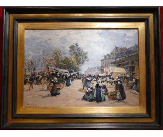 Legout Gerard French School Breton Painting XIXth Market in Concarneau Oil Signed Canvas - Paintings genre scenes