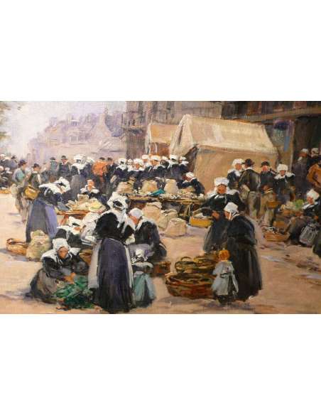 Legout Gerard French School Breton Painting XIXth Market in Concarneau Oil Signed Canvas - Paintings genre scenes-Bozaart