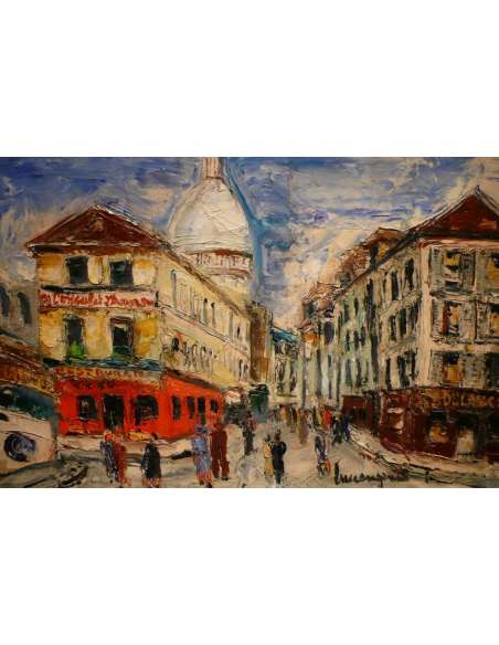 Genin Lucien Painting 20th Paris Montmartre Rue Norvins Painting XXth Signed Oil On Canvas - Paintings genre scenes-Bozaart