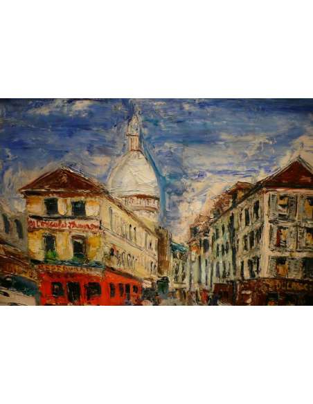 Genin Lucien Painting 20th Paris Montmartre Rue Norvins Painting XXth Signed Oil On Canvas - Paintings genre scenes-Bozaart