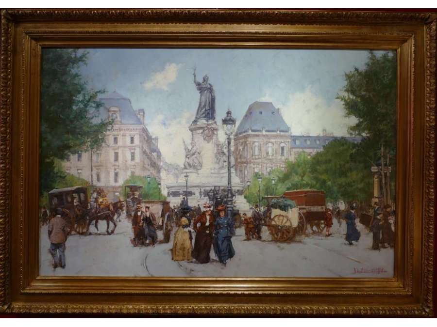 Leon Zeytline Russian School 20th Paris Place De La République Boulevard Du Temple Signed Oil - Paintings genre scenes