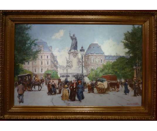 Leon Zeytline Russian School 20th Paris Place De La République Boulevard Du Temple Signed Oil - Paintings genre scenes