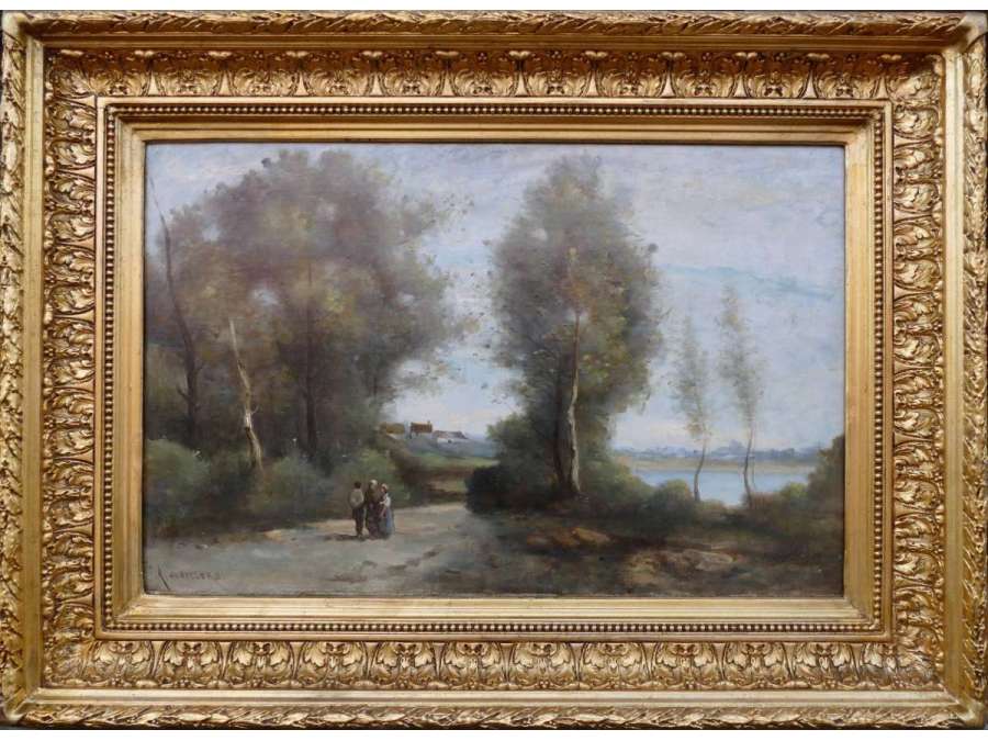 De Villers Adolphe French School Walk Along The River Oil On Canvas Signed - Landscape Paintings