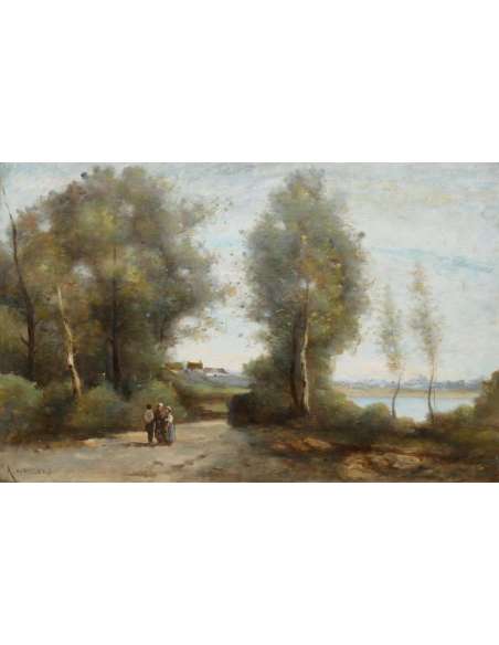 De Villers Adolphe French School Walk Along The River Oil On Canvas Signed - Landscape Paintings-Bozaart