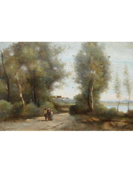 De Villers Adolphe French School Walk Along The River Oil On Canvas Signed - Landscape Paintings-Bozaart