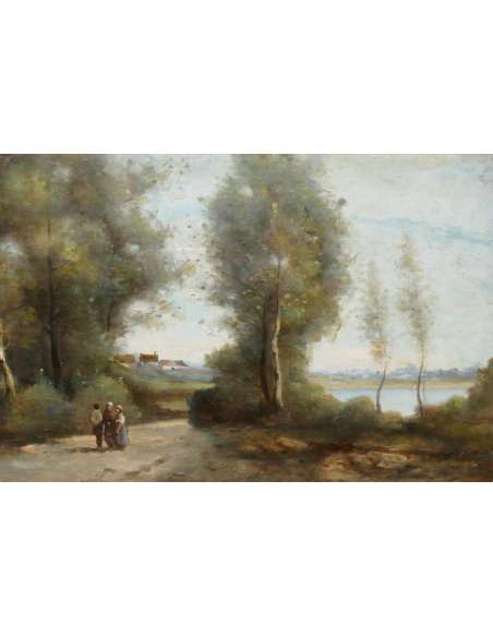 De Villers Adolphe French School Walk Along The River Oil On Canvas Signed - Landscape Paintings-Bozaart